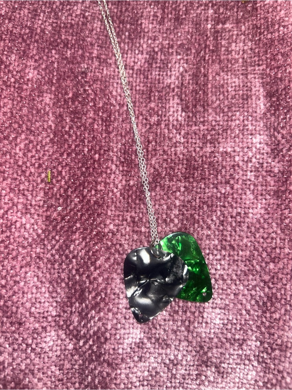 Silver Chain Necklace with Green and Black Guitar Pick Charms